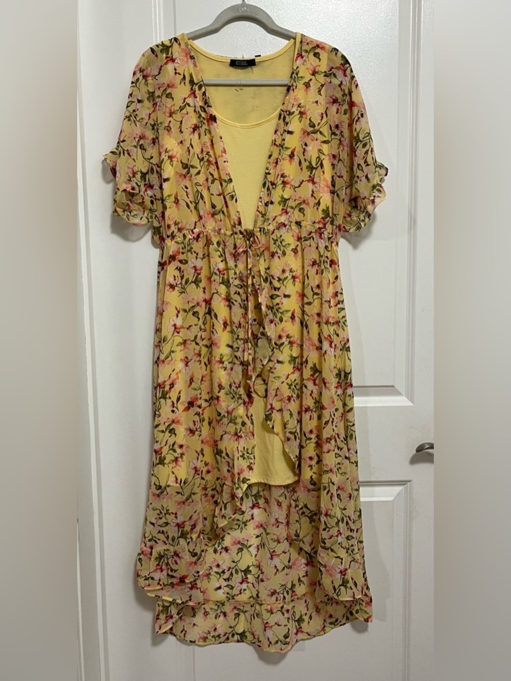 Cure Yellow Floral High Low Dress Sheer Layered Boho M